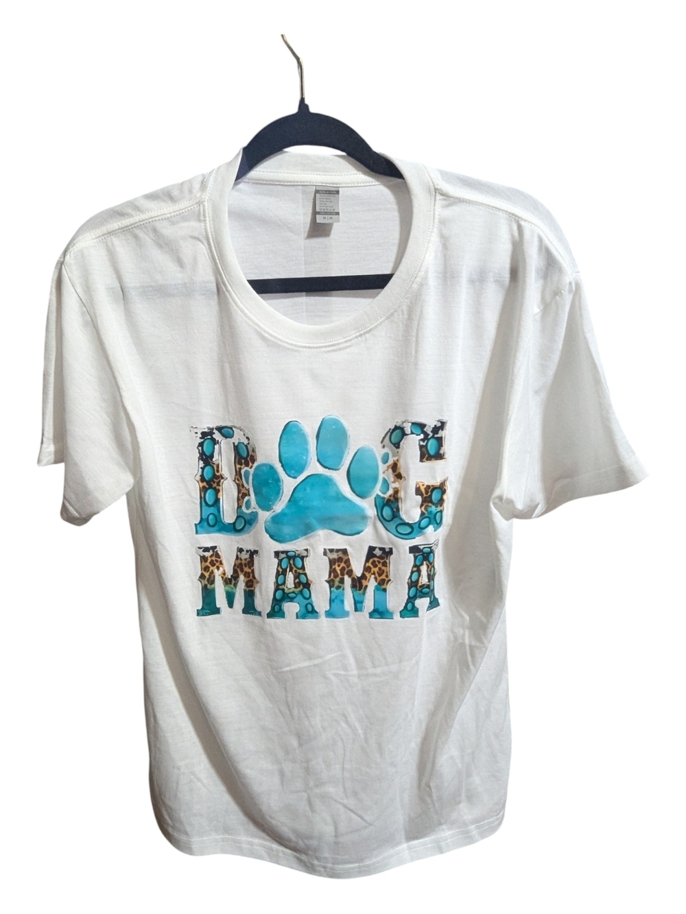 NEW Dog Mama White Tee Turquoise Paw Graphic Sz Medium Casual Short Sleeve
